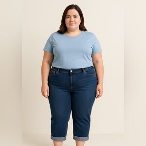 Blue Ankle Cropped Jeans with Rolled Hems